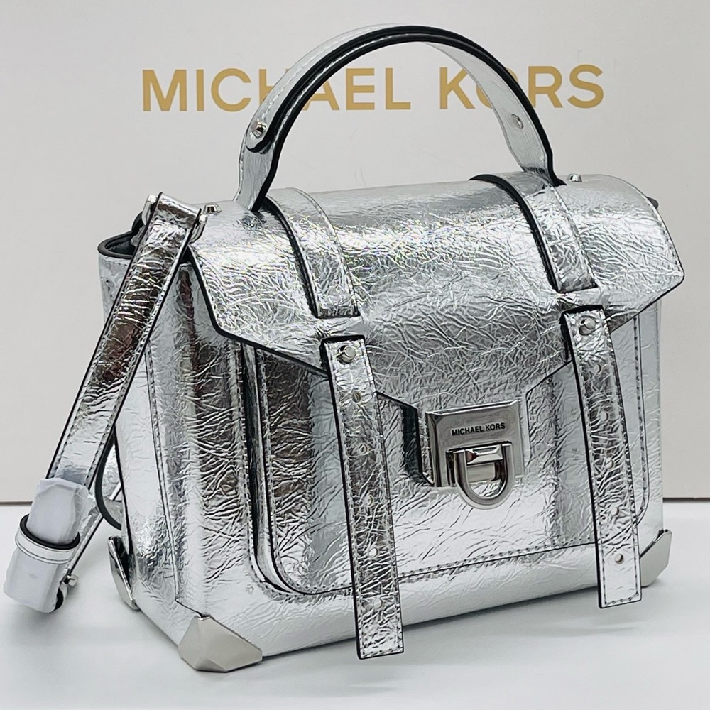 Michael Kors Medium Manhattan Leather Satchel Crossbody Bag Silver